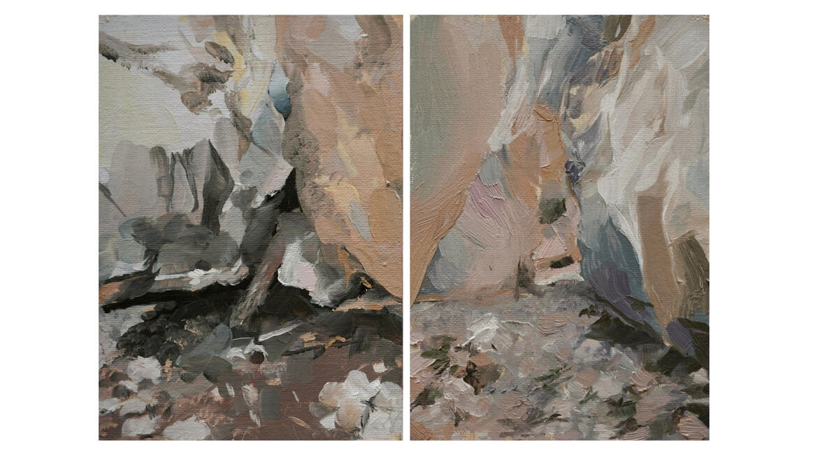 catwalk landscape diptych oil and blood on panel 2026 5''x7'' $60/ $80 matted